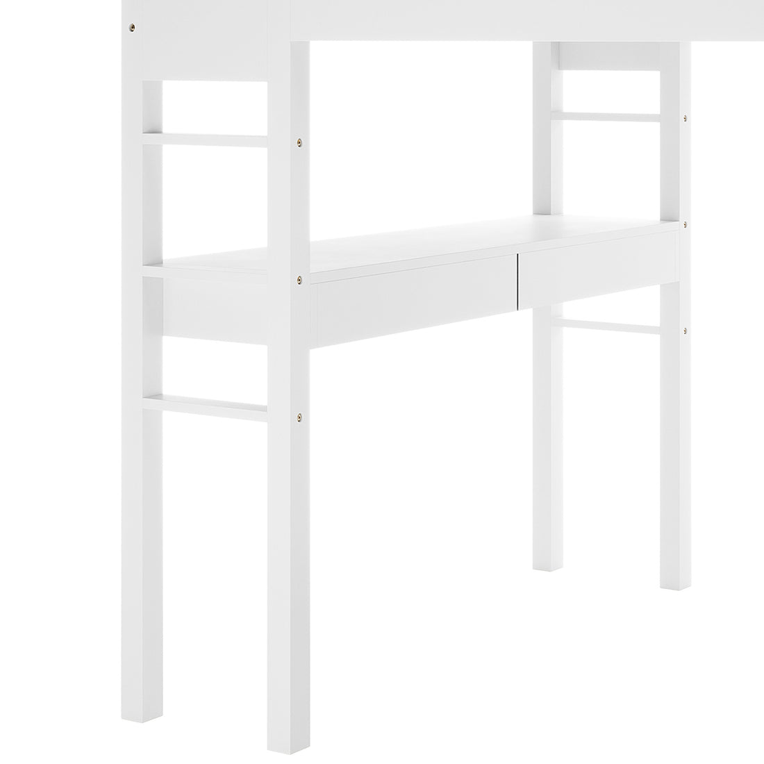 Gio & Vesta Double Storage Loft Bed & Mattress Set in White, featuring a sleek loft bed with built-in desk, open shelving, drawers, and an elevated sleeping area with ladder access.