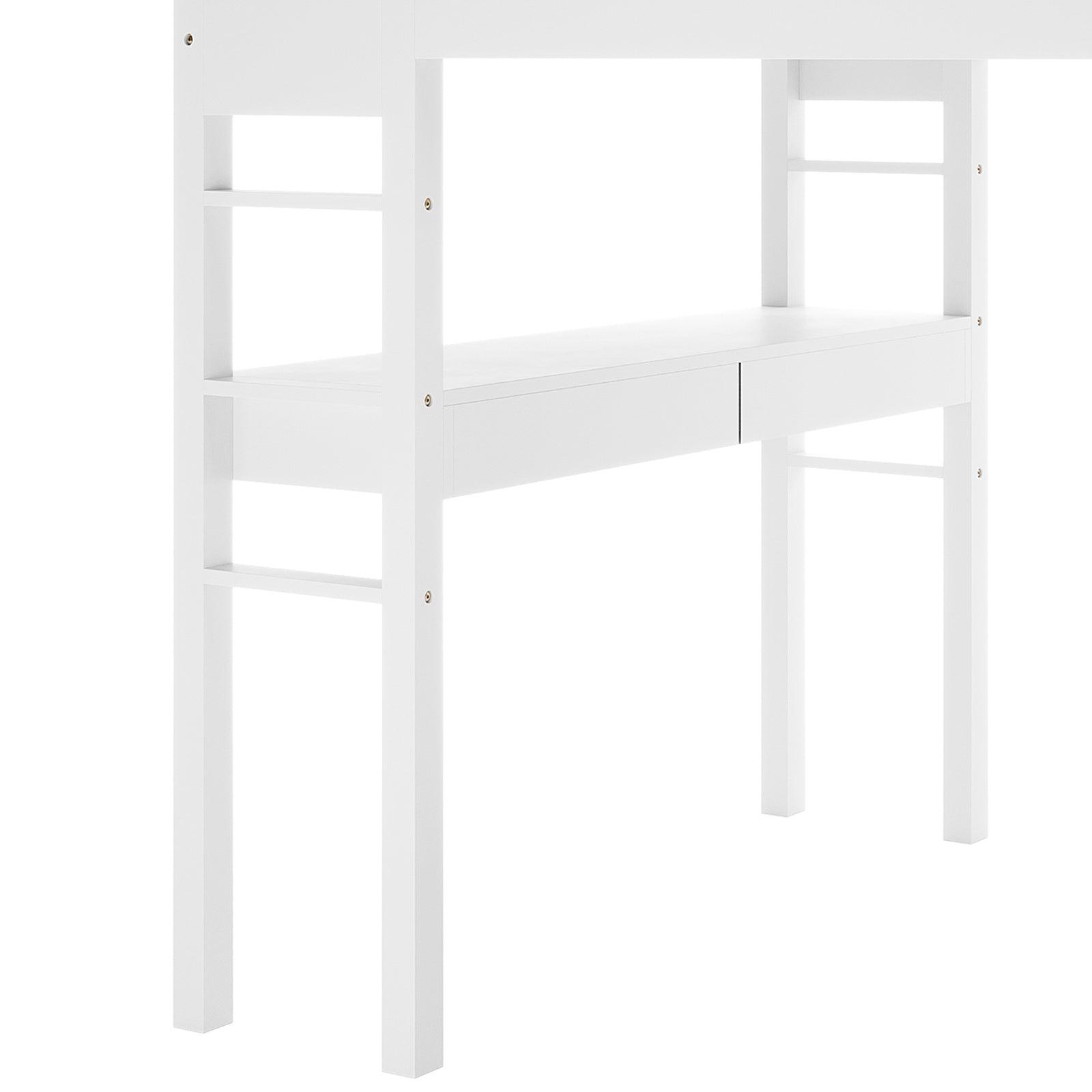 Gio & Vesta Double Storage Loft Bed & Mattress Set in White, featuring a sleek loft bed with built-in desk, open shelving, drawers, and an elevated sleeping area with ladder access.