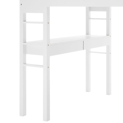 Gio & Vesta Double Storage Loft Bed & Mattress Set in White, featuring a sleek loft bed with built-in desk, open shelving, drawers, and an elevated sleeping area with ladder access.