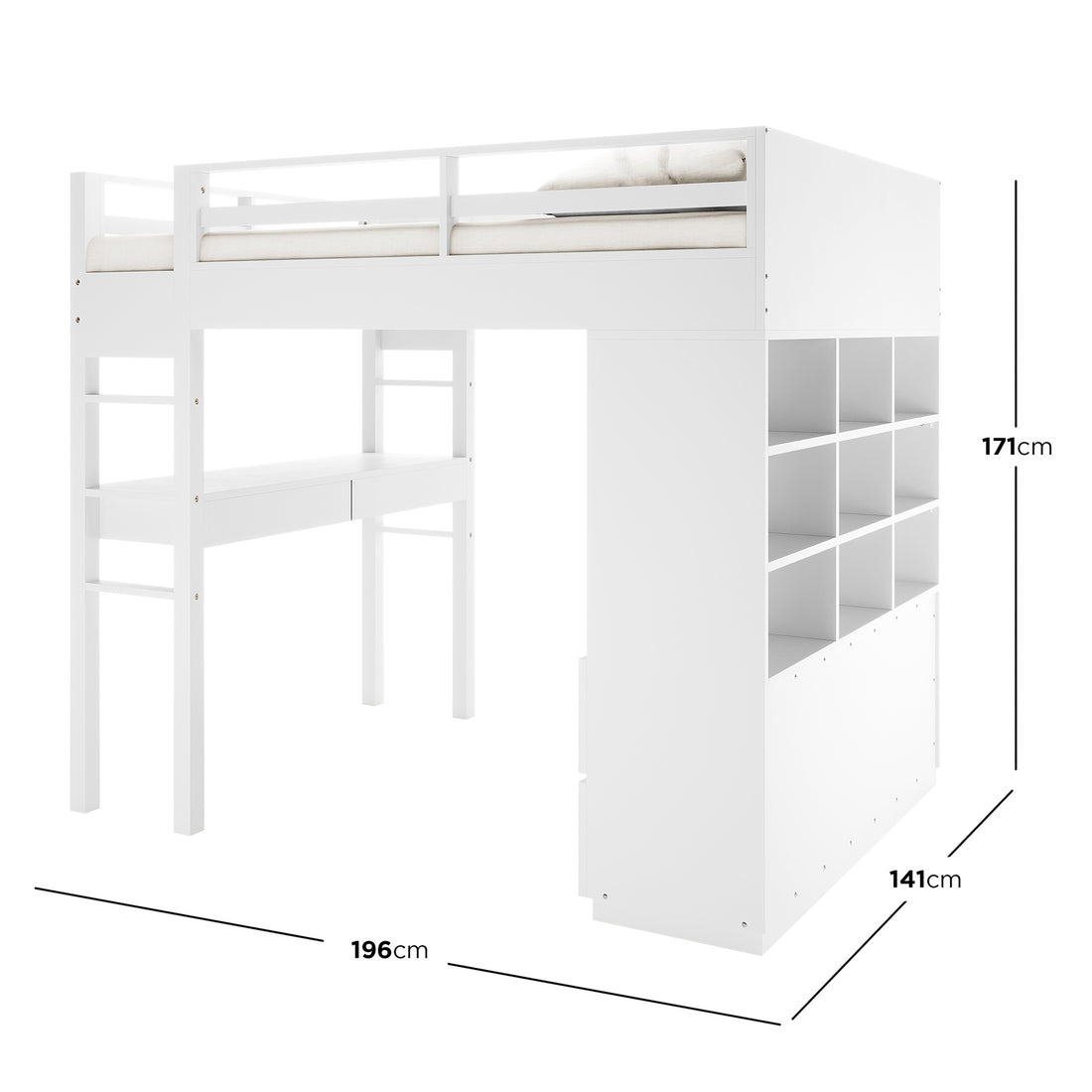 Gio & Vesta Double Storage Loft Bed & Mattress Set in White features a raised bed with safety rails, integrated desk, shelving unit, and access ladder, offering a multifunctional, space-saving solution for bedrooms.