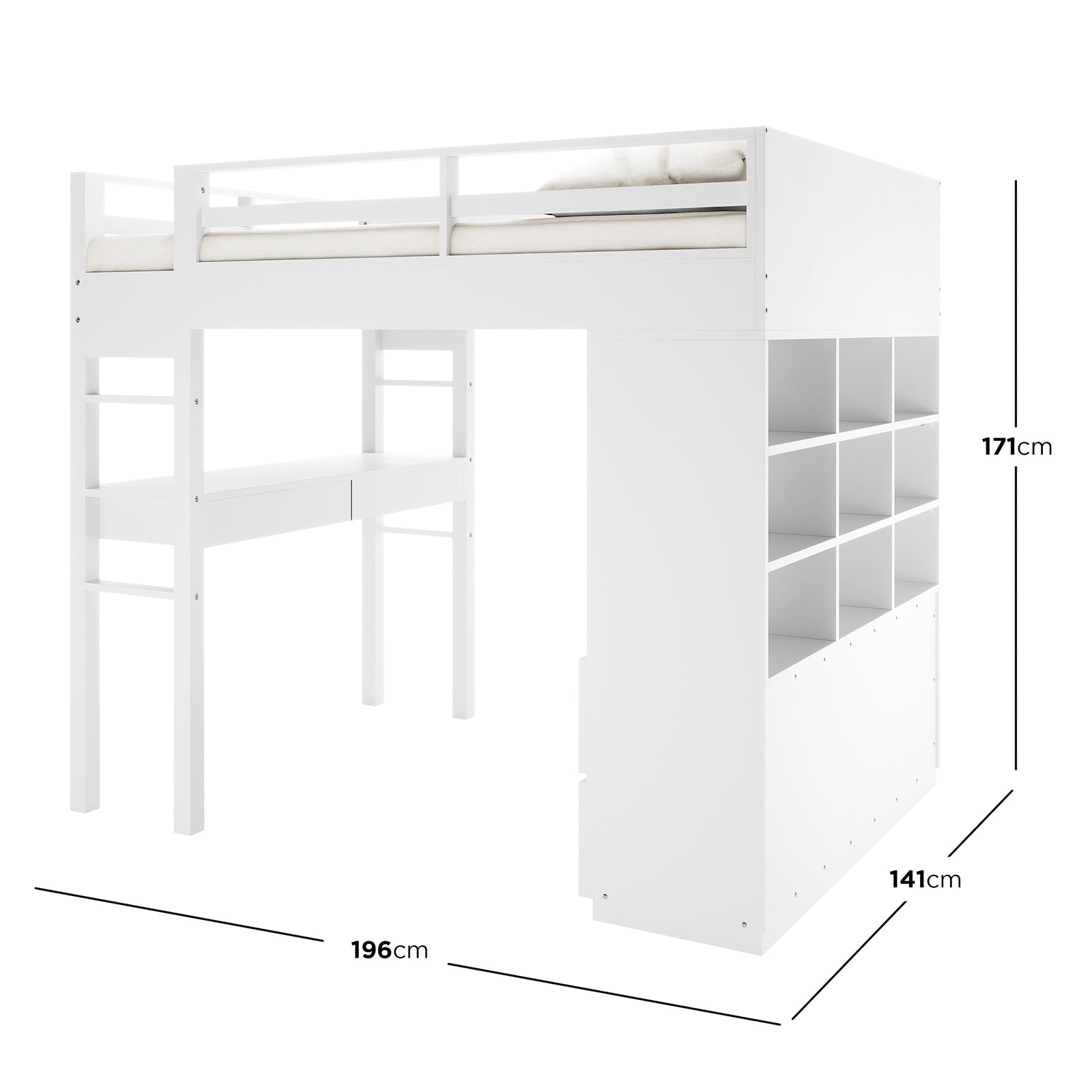 Gio & Vesta Double Storage Loft Bed & Mattress Set in White features a raised bed with safety rails, integrated desk, shelving unit, and access ladder, offering a multifunctional, space-saving solution for bedrooms.