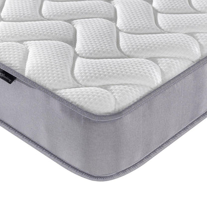 Corner view of Gio & Vesta Double Storage Loft Bed & Mattress Set in White, highlighting the quilted, textured pillow-top of the Vesta mattress and light-gray fabric-wrapped side.