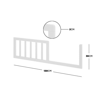 Giro Solid Pine Toddler Bed Rail Kit - White, features a sturdy, 130 cm long, 36 cm tall white safety side-rail with a 2 cm profile, ensuring a secure transition to a toddler bed.