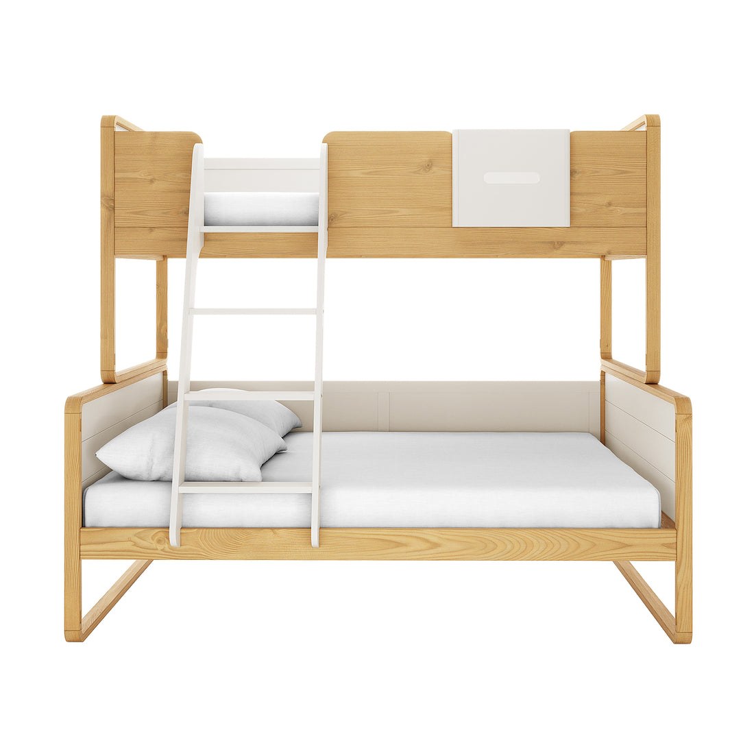Glauca Solid Pine Wood 2-in-1 Triple Bunk Bed in White & Natural, featuring a light wood frame with white accents, a full-size lower bed, a twin upper bunk, and a short white ladder.