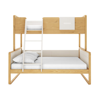 Glauca Solid Pine Wood 2-in-1 Triple Bunk Bed in White & Natural, featuring a light wood frame with white accents, a full-size lower bed, a twin upper bunk, and a short white ladder.