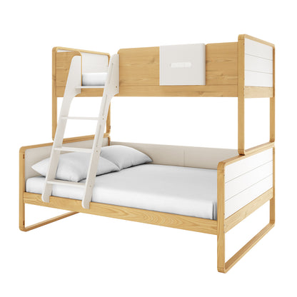 Glauca Solid Pine Wood 2-in-1 Triple Bunk Bed in White & Natural features a two-tier design with a full-size bottom bed, smaller top bunk, and a slanted ladder, both with plain white bedding.