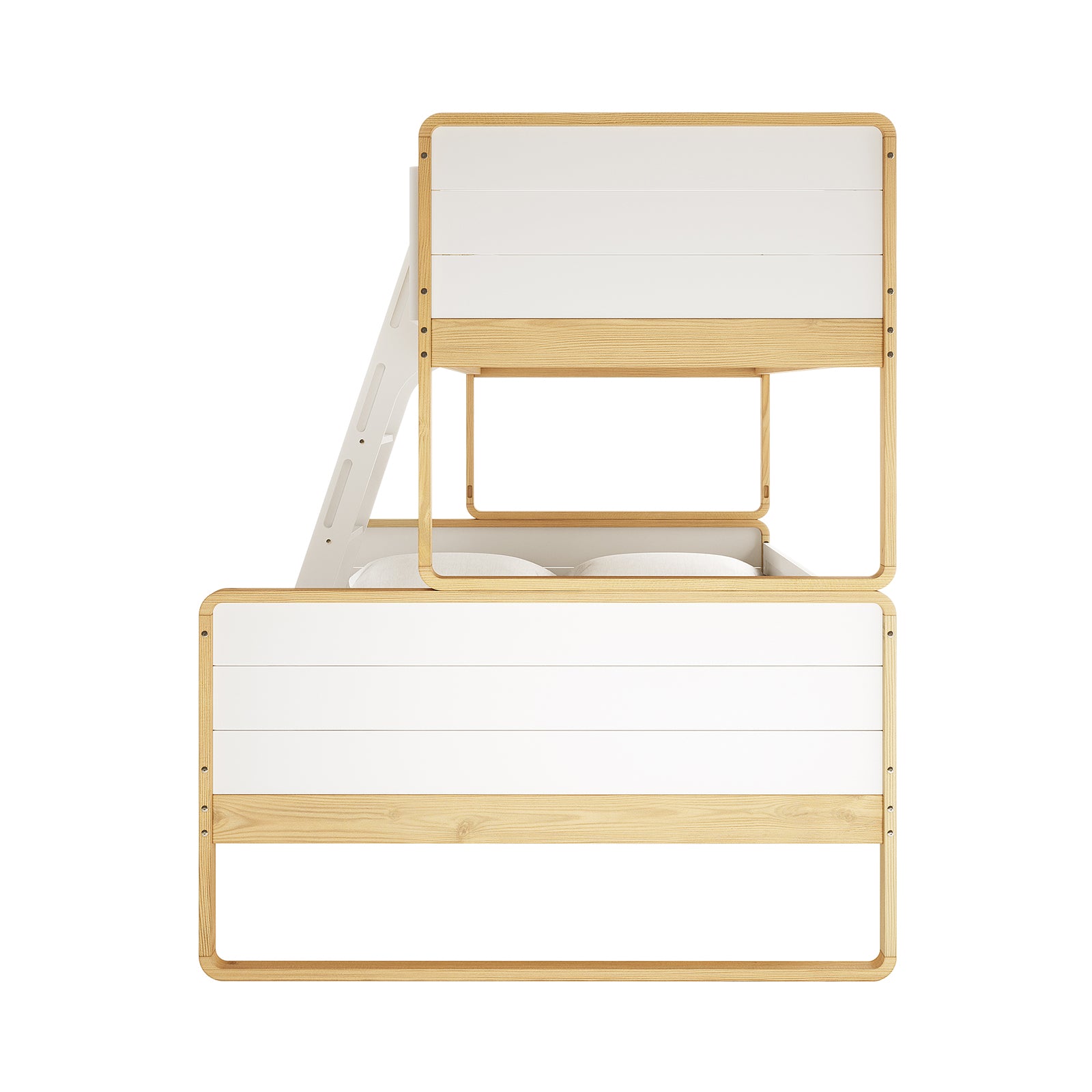 Glauca Solid Pine Wood 2-in-1 Triple Bunk Bed in White & Natural, featuring a light wood frame with white slat panels and an integrated ladder on the left, showcasing a modern, space-saving design.