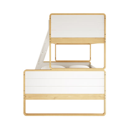 Glauca Solid Pine Wood 2-in-1 Triple Bunk Bed in White & Natural, featuring a light wood frame with white slat panels and an integrated ladder on the left, showcasing a modern, space-saving design.