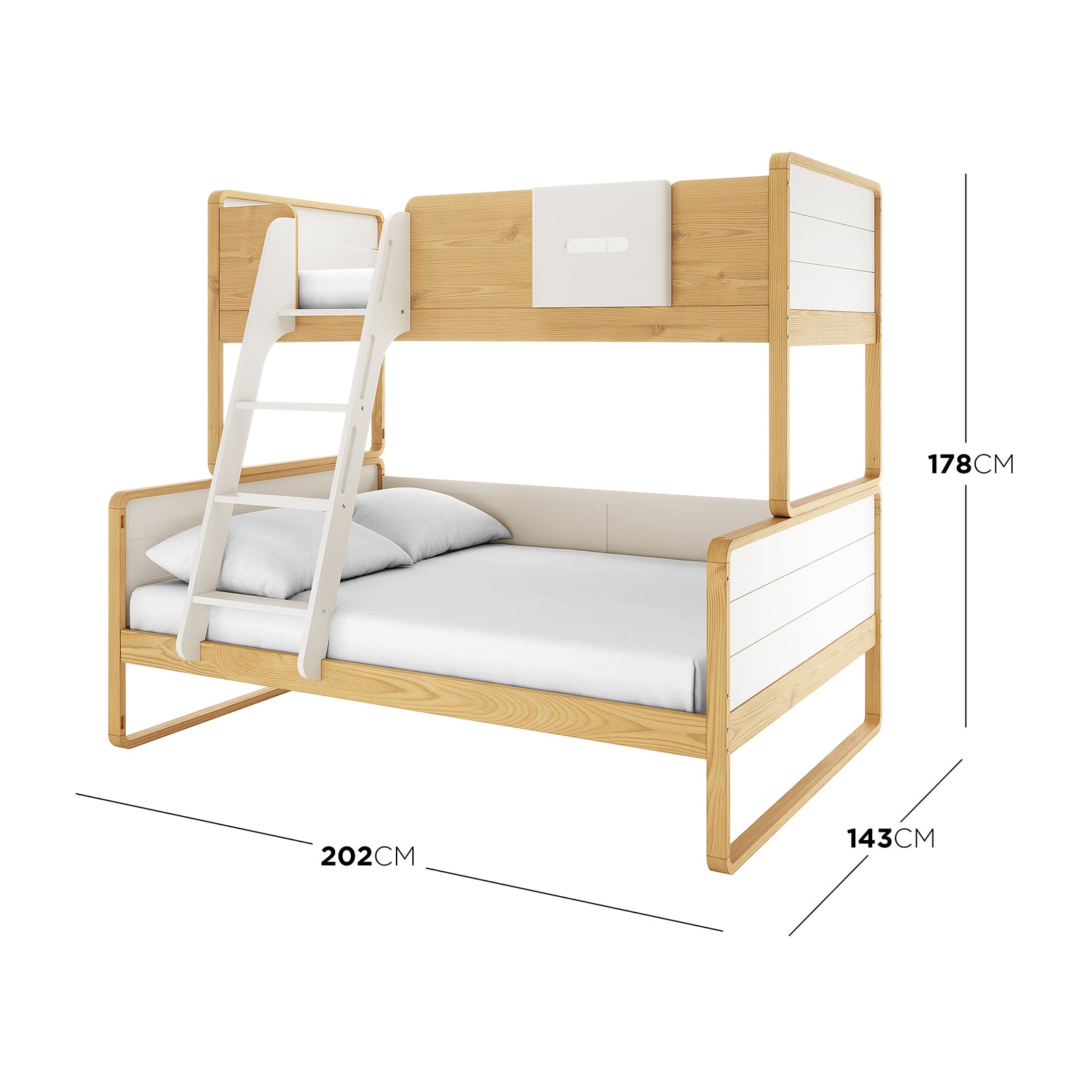 Glauca Solid Pine Wood 2-in-1 Triple Bunk Bed in White & Natural featuring a two-tier design with a straight ladder, upper guardrails, and convertible functionality for flexible bedroom arrangements.