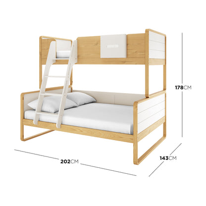 Glauca Solid Pine Wood 2-in-1 Triple Bunk Bed in White & Natural featuring a two-tier design with a straight ladder, upper guardrails, and convertible functionality for flexible bedroom arrangements.