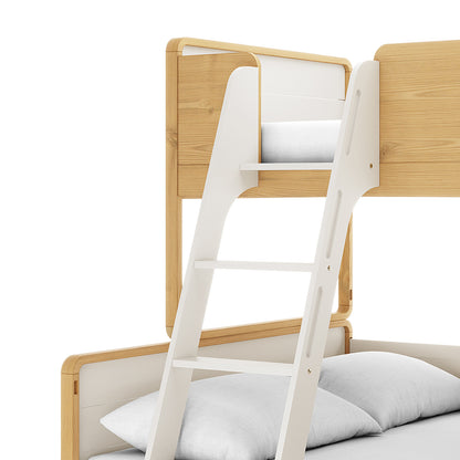 Glauca Solid Pine Wood 2-in-1 Triple Bunk Bed in White & Natural, featuring a light wood frame, white ladder to the top bunk, and visible bedding on the lower bunk.
