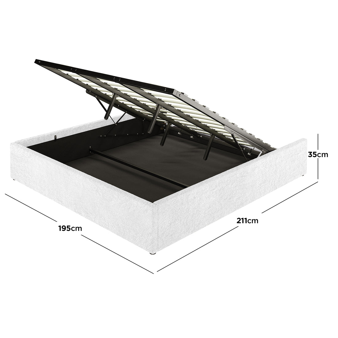 Aquila & Fabia Bed Package - Cream White King: Upholstered ottoman bed base with lift-up slatted metal frame on gas struts, revealing under-bed storage, measuring 195 cm wide × 211 cm long.