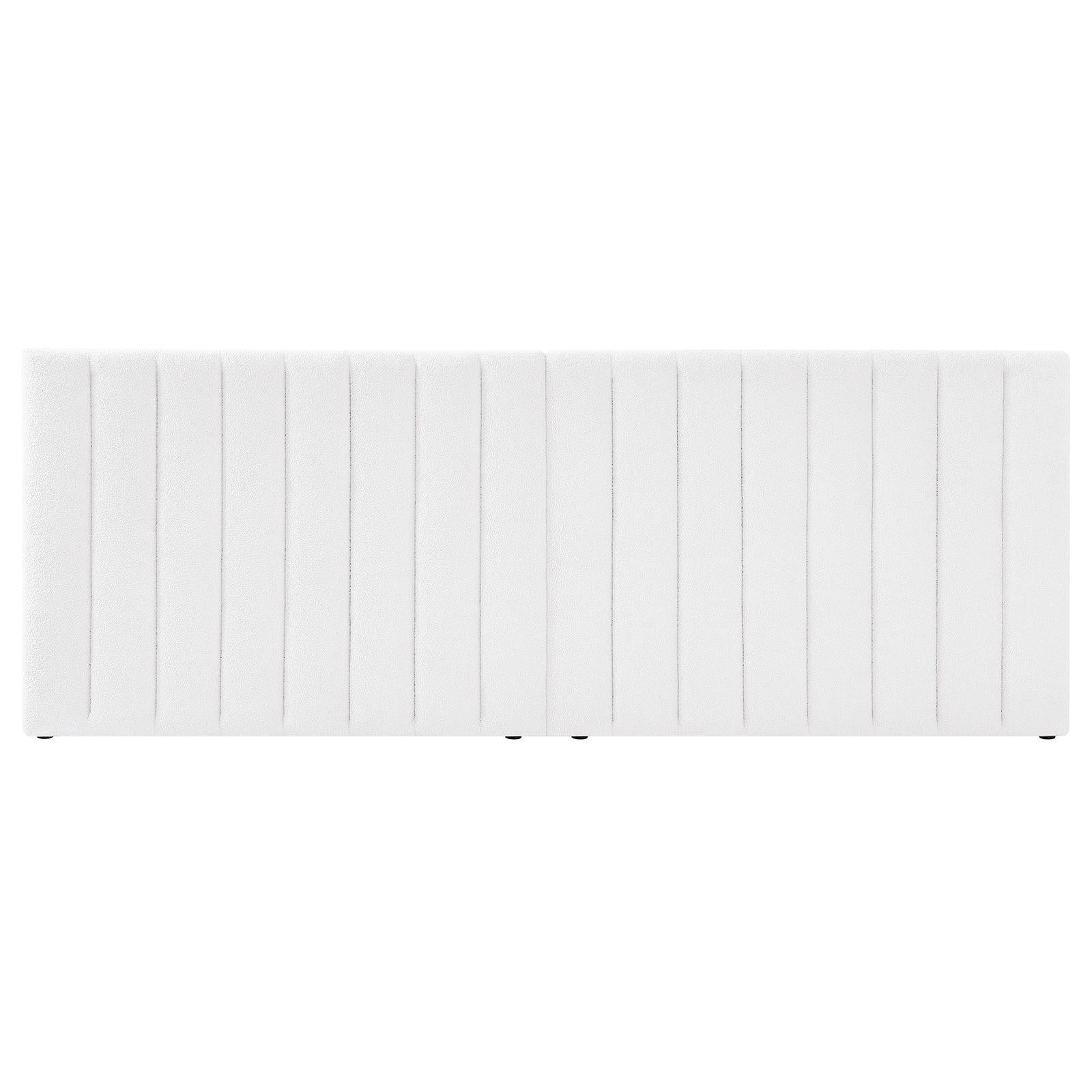 Aquila King Extra Wide Bouclé Headboard in Cream White features a large, rectangular design with vertical tufted seams, creating a modern panel look. The textured bouclé fabric enhances its luxurious and elegant appearance.