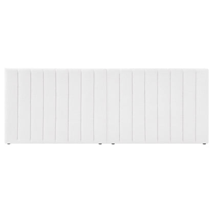 Aquila King Extra Wide Bouclé Headboard in Cream White features a large, rectangular design with vertical tufted seams, creating a modern panel look. The textured bouclé fabric enhances its luxurious and elegant appearance.