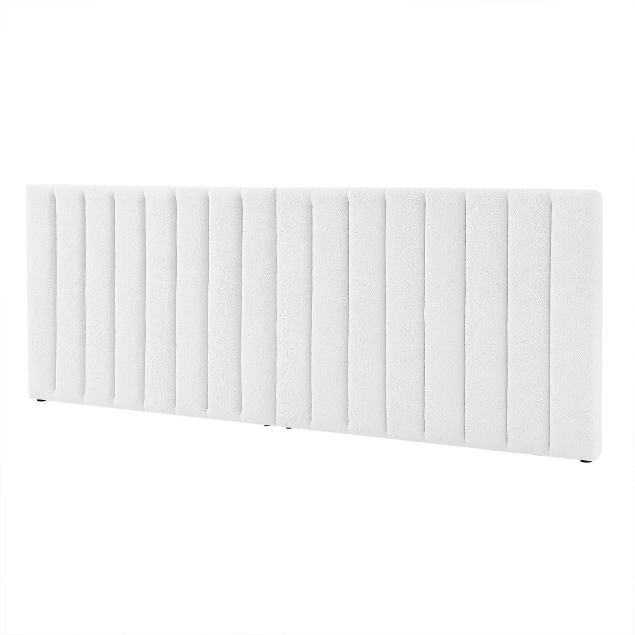 Aquila King Extra Wide Bouclé Headboard in Cream White, featuring freestanding design, textured vertical channel tufting, and small feet for stability, offering plush comfort and a grand visual statement.