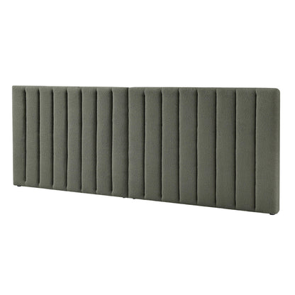 Aquila King Extra Wide Headboard & Fabia Gas-lift Storage Bed Base Set in Green features a long, olive-green, upholstered panel with vertical channel tufting, ideal as a sophisticated bedroom centerpiece.