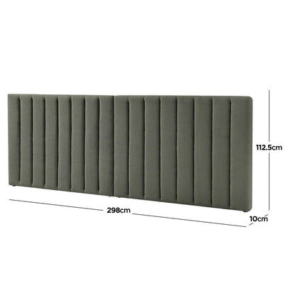 Aquila King Extra Wide Headboard & Fabia Gas-lift Storage Bed in Green, featuring a padded, green-grey boucle fabric headboard with vertical channel tufting, offering luxury and practicality for your bedroom.