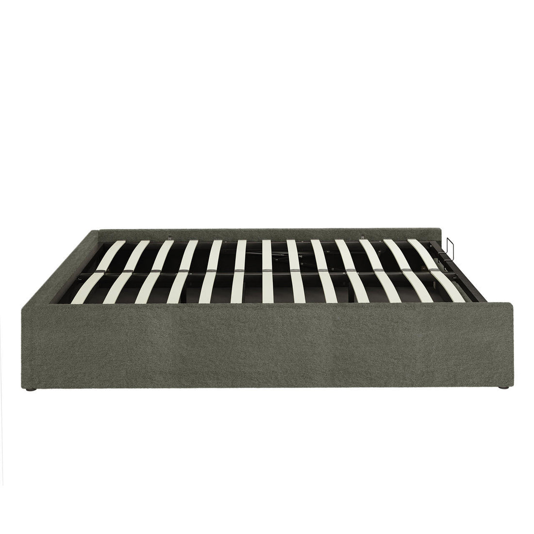 Aquila King Extra Wide Headboard & Fabia Gas-lift Storage Bed Base Set in Green features a low-profile grey-heather upholstered platform with clean-lined rails and slats, offering sleek aesthetics and hidden storage.