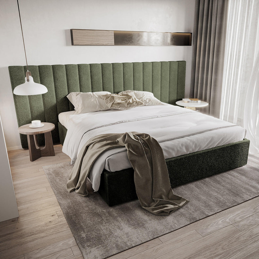 Aquila King Extra Wide Bouclé Headboard in Green features a vertically channel-stitched design, deep green bouclé fabric, and stands as a sophisticated focal point in a minimalist bedroom with soft neutrals.