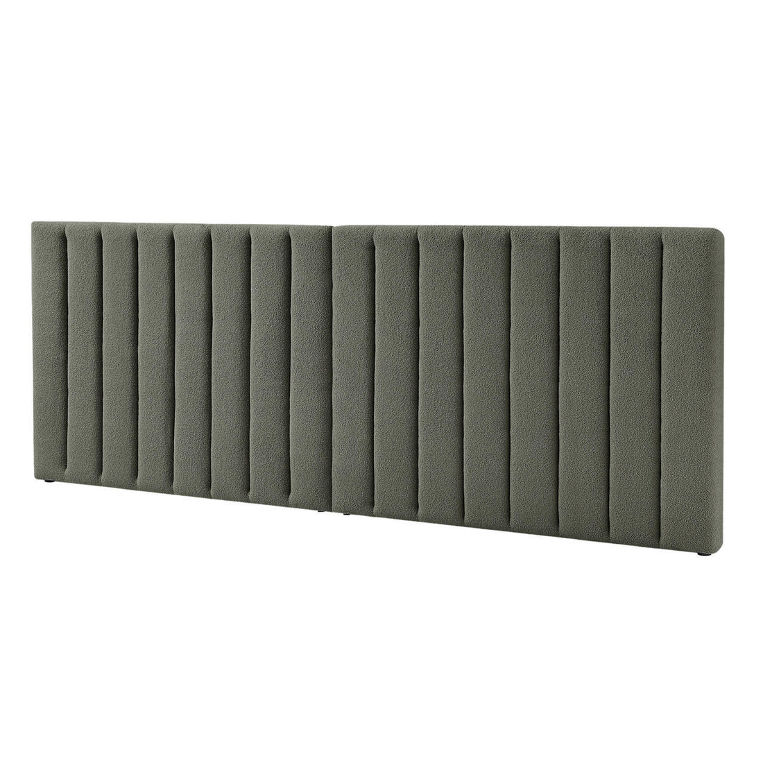 Aquila King Extra Wide Bouclé Headboard in Green, featuring vertical channel tufting on olive-toned boucle fabric, enhancing bedroom elegance with its extra-wide, upholstered design against a white background.