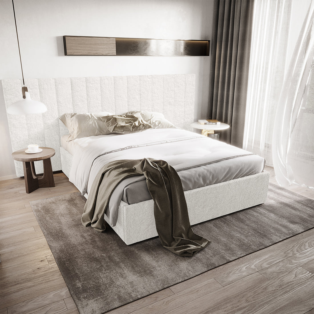 Aquila & Fabia Bed Package - Cream White Queen, featuring a vertically tufted headboard and upholstered platform with a gas lift base, styled with neutral linens and accent pillows in a serene bedroom setting.