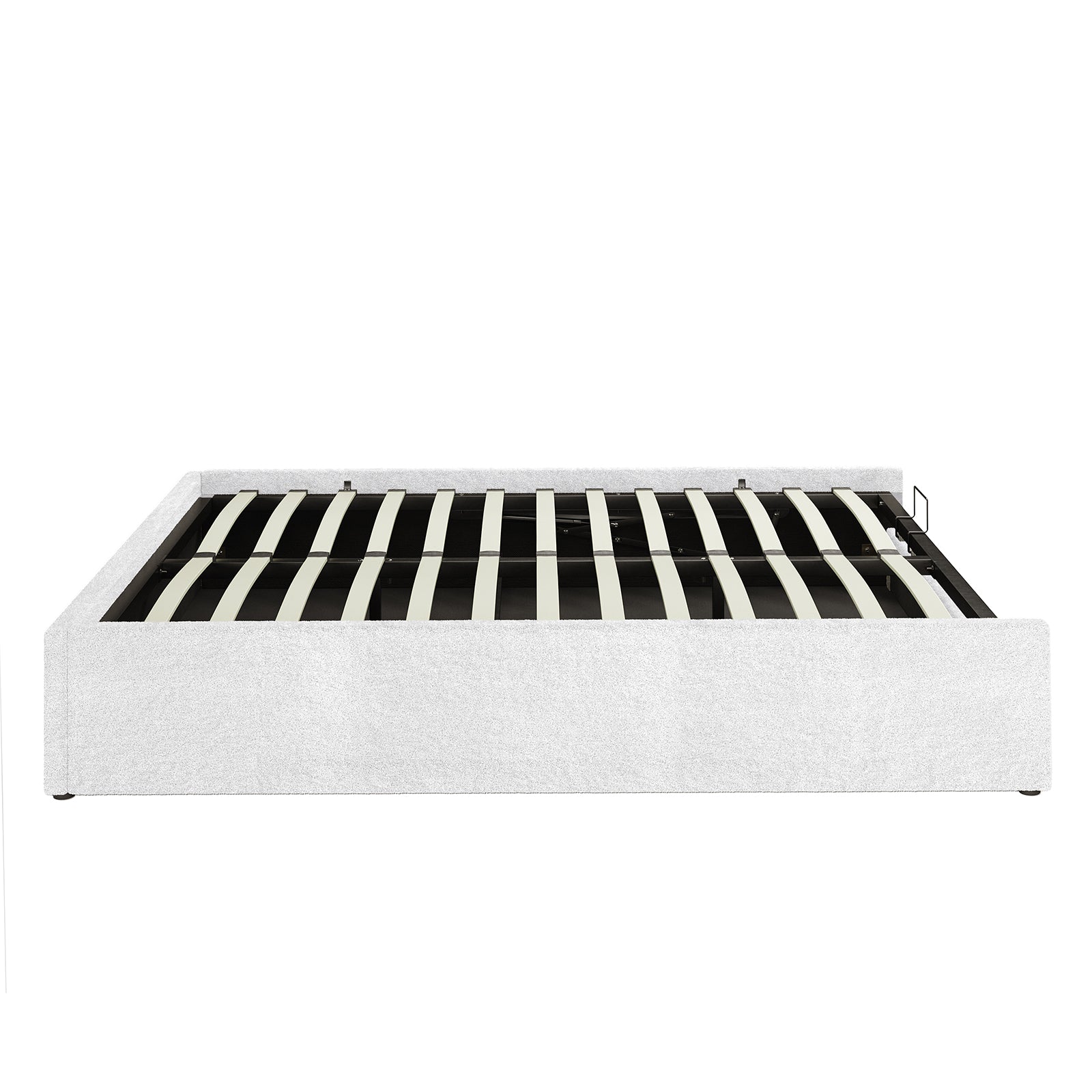 Aquila & Fabia Bed Package - Cream White Queen; showcases an upholstered platform bed frame with wooden slat support and metal perimeter, offering a low-profile, fabric-wrapped foundation for mattress placement.