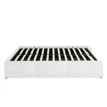 Aquila & Fabia Bed Package - Cream White Queen; showcases an upholstered platform bed frame with wooden slat support and metal perimeter, offering a low-profile, fabric-wrapped foundation for mattress placement.