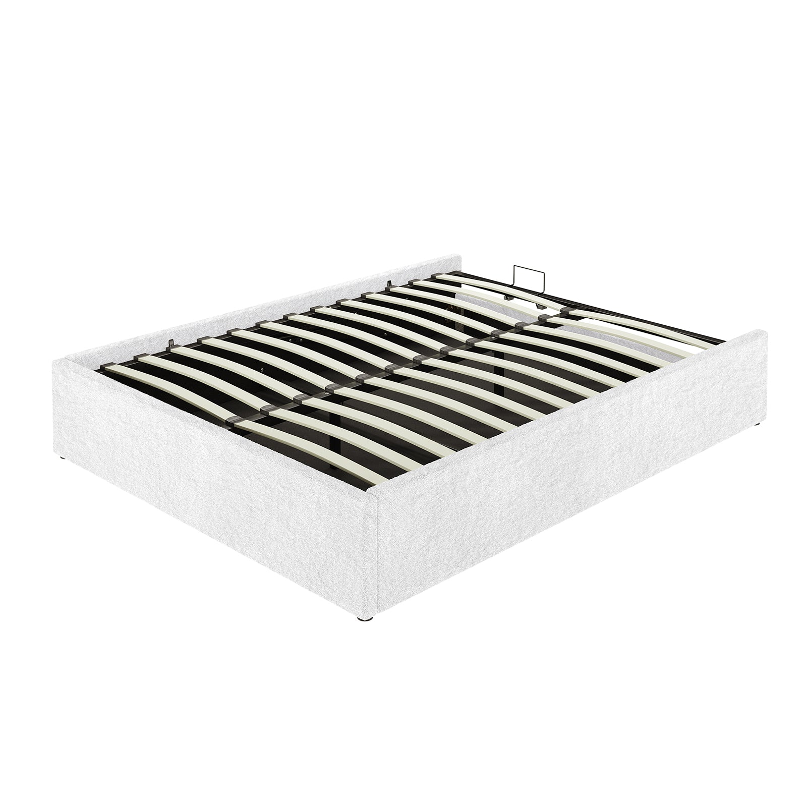 Aquila & Fabia Bed Package - Cream White Queen features a box-style platform bed frame with a simple metal chassis, springy wooden slats, and low upholstered sidewalls, excluding mattress.