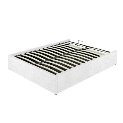 Aquila & Fabia Bed Package - Cream White Queen features a box-style platform bed frame with a simple metal chassis, springy wooden slats, and low upholstered sidewalls, excluding mattress.