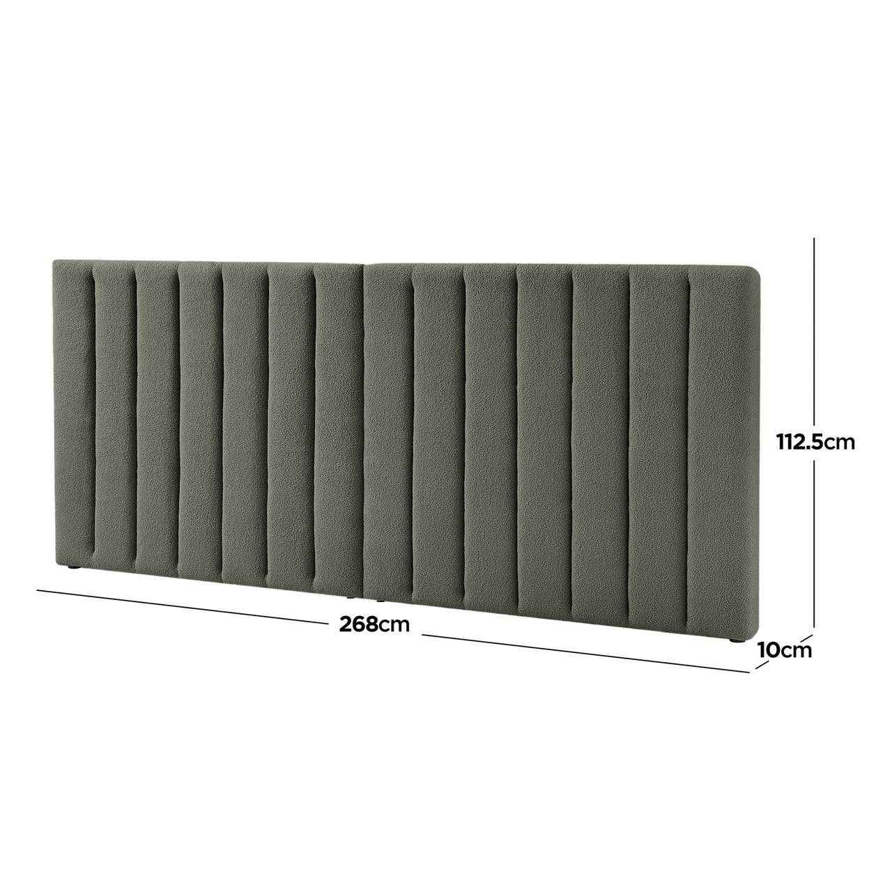 Aquila Queen Extra Wide Bouclé Headboard in Green, upholstered with textured boucle fabric, features vertical channel tufting and a low-profile design. Dimensions: 268cm wide, 112.5cm high, 10cm thick.
