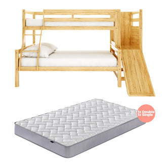 Harel & Vesta Slide Bunk Bed & Vesta Mattress Set in Natural features a twin-over-full bunk bed with a ladder, built-in slide, and matching mattresses, crafted from natural timber for a playful yet safe kids' setup.