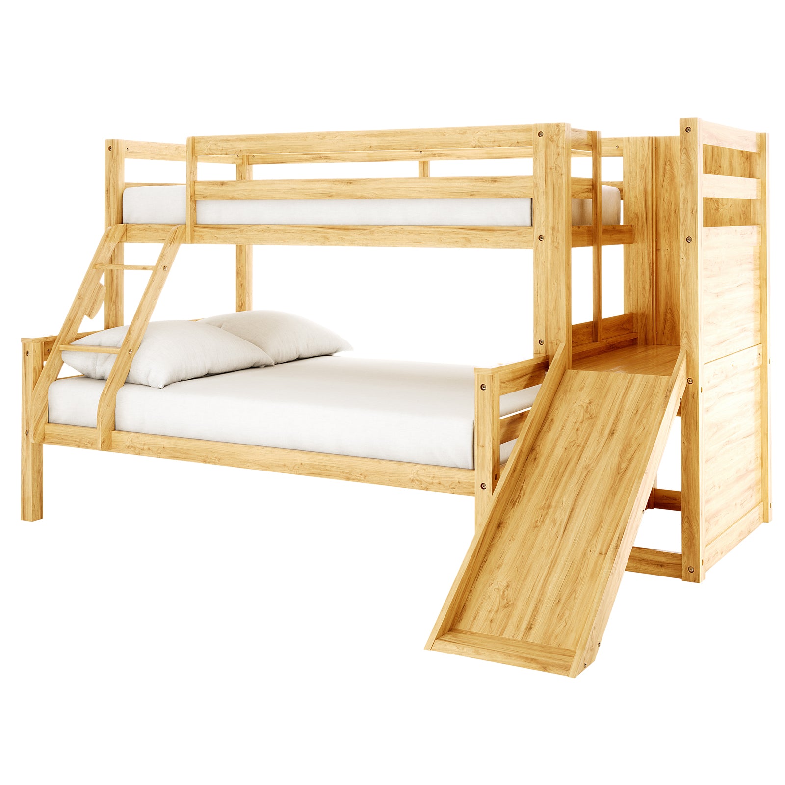 Harel & Vesta Slide Bunk Bed & Vesta Mattress Set in Natural features a wooden bunk bed with a twin top bunk, larger bottom bed, guard rails, a slide, ladder, and plain white sheets.