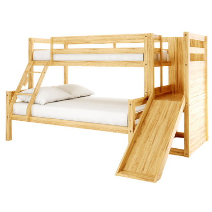 Harel & Vesta Slide Bunk Bed & Vesta Mattress Set in Natural features a wooden bunk bed with a twin top bunk, larger bottom bed, guard rails, a slide, ladder, and plain white sheets.