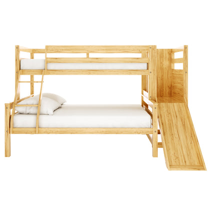 Harel & Vesta Slide Bunk Bed & Vesta Mattress Set in Natural: Wooden bunk bed with upper twin, lower full mattresses, guardrails, angled ladder on left, and slide on right for fun descent.