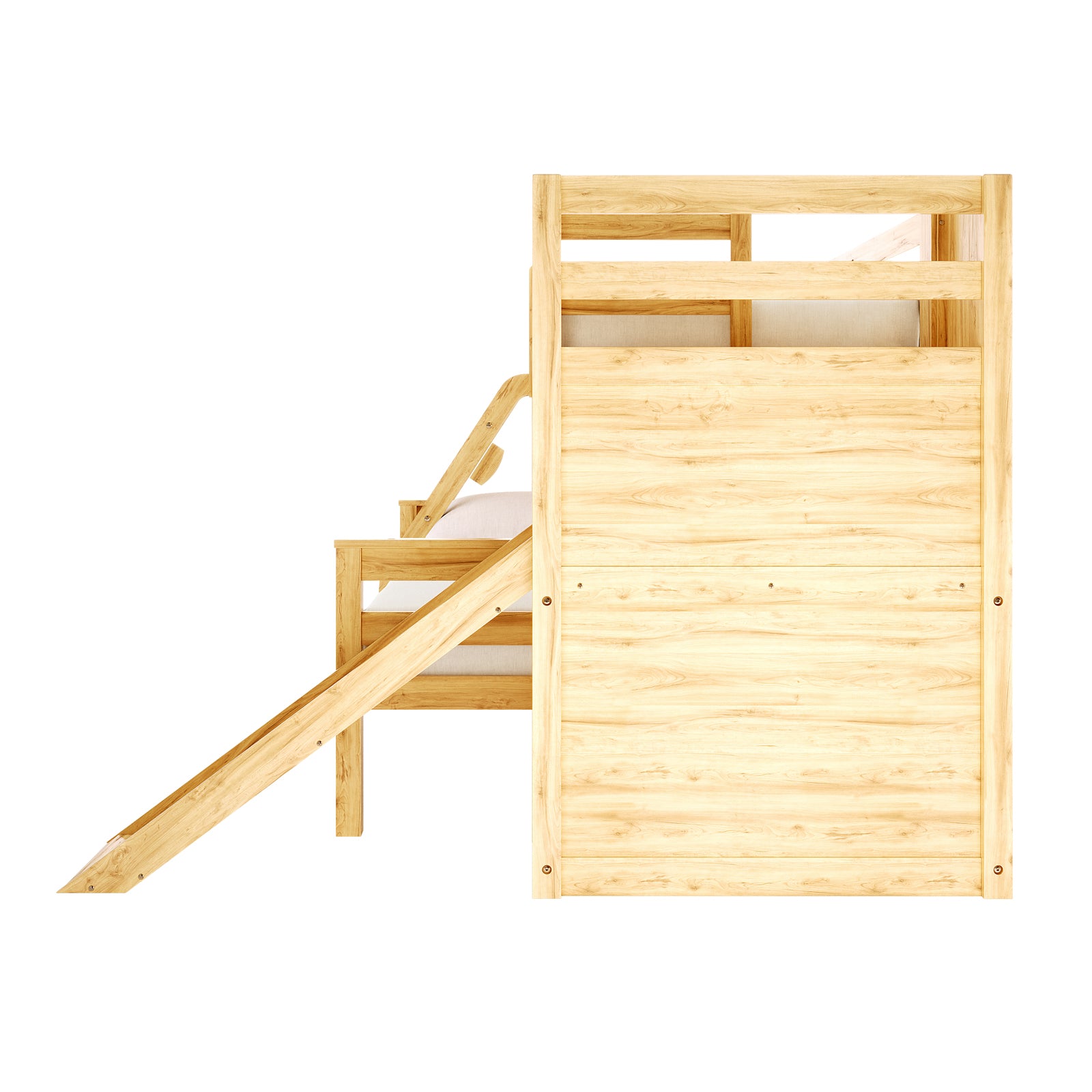 Harel & Vesta Slide Bunk Bed & Vesta Mattress Set in Natural features a light wood loft-style bed with guardrails and a side slide, showcasing playful and secure design elements for children.
