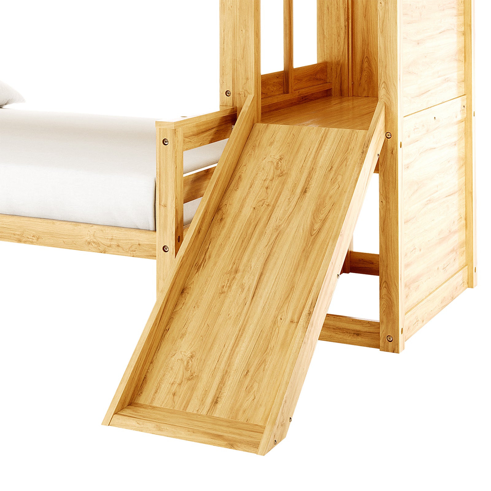 Harel & Vesta Slide Bunk Bed & Vesta Mattress Set in Natural featuring a light-toned wooden loft bed with an attached slide, secure ladder, and upper playhouse platform, designed for playful and safe sleep.