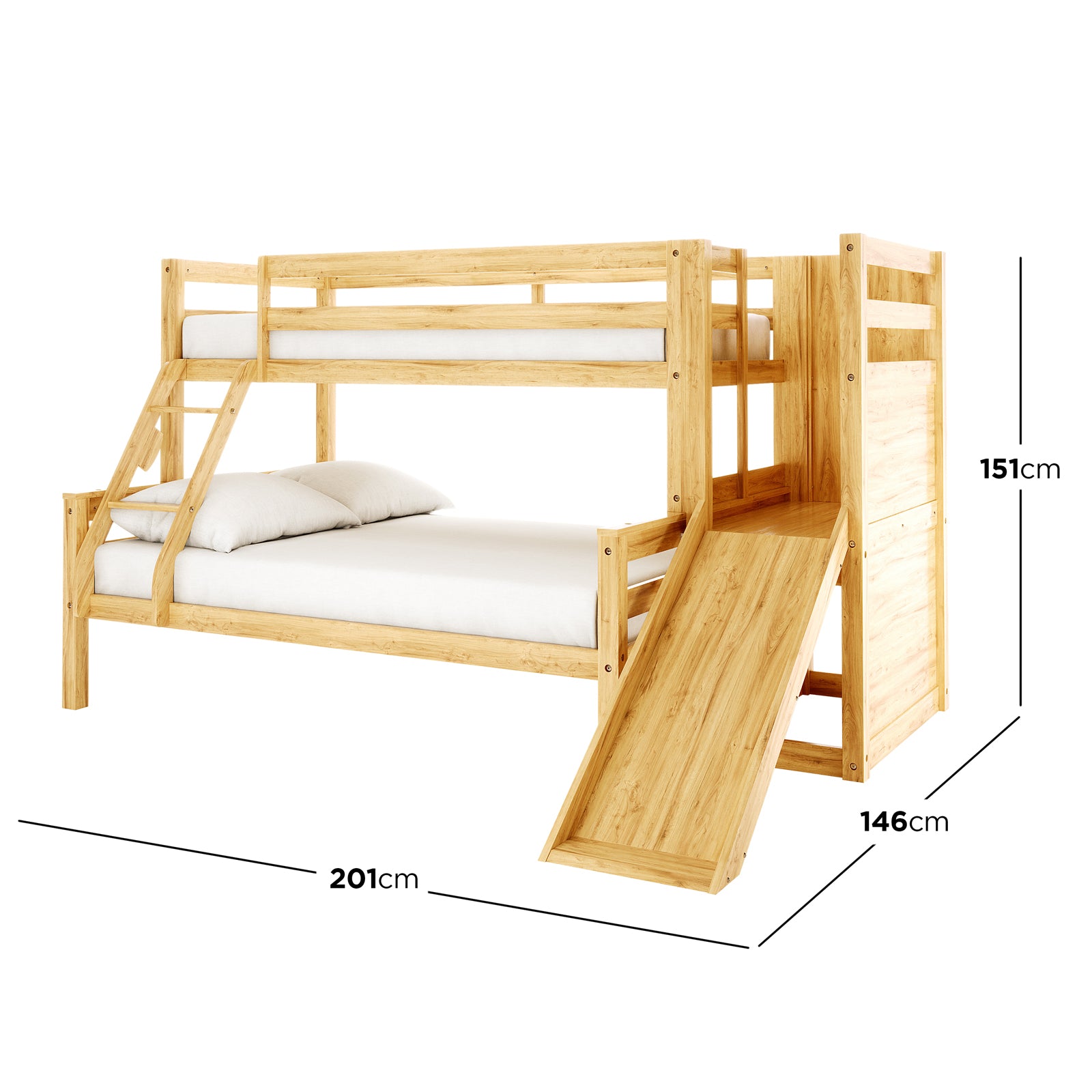 Harel & Vesta Slide Bunk Bed & Vesta Mattress Set in Natural features a wooden bunk-bed with a slide, single upper and full lower beds, natural wood finish, and ladder access.