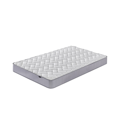 Harel & Vesta Slide Bunk Bed & Vesta Mattress Set in Natural features a slide, ladder, and safety rails, complemented by a quilt-patterned white top and gray-sided Vesta Mattress for comfort.