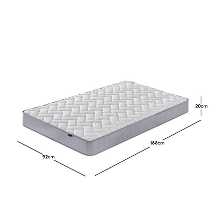 Harel & Vesta Slide Bunk Bed & Vesta Mattress Set in Natural features a white quilted, wave-stitched, single-size mattress with light gray sides, measuring 92x188x20cm, displayed on a white background.