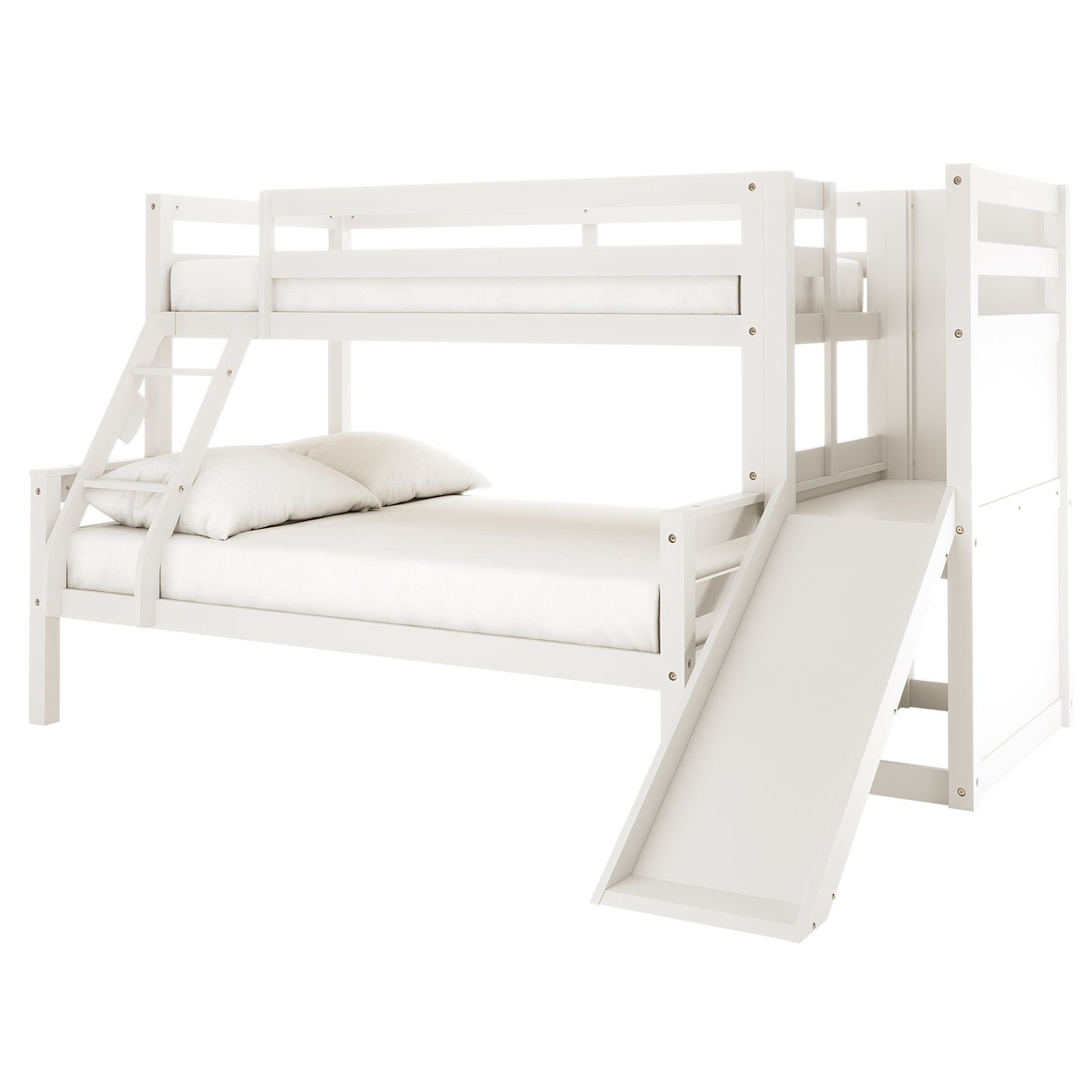 Harel Solid Pine Wood Triple Bunk Bed with Slide in White, featuring a twin-over-full design, safety rails, ladder, and fun slide, offering a practical and playful touch for children's rooms.