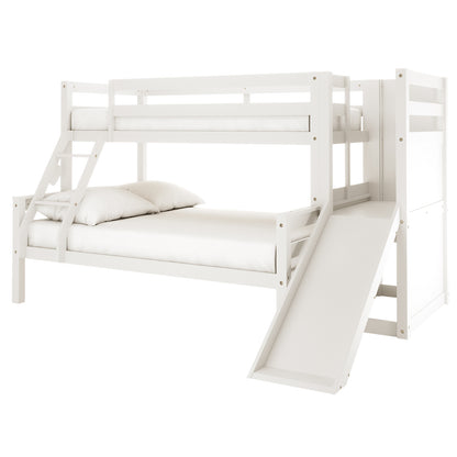 Harel Solid Pine Wood Triple Bunk Bed with Slide in White, featuring a twin-over-full design, safety rails, ladder, and fun slide, offering a practical and playful touch for children's rooms.