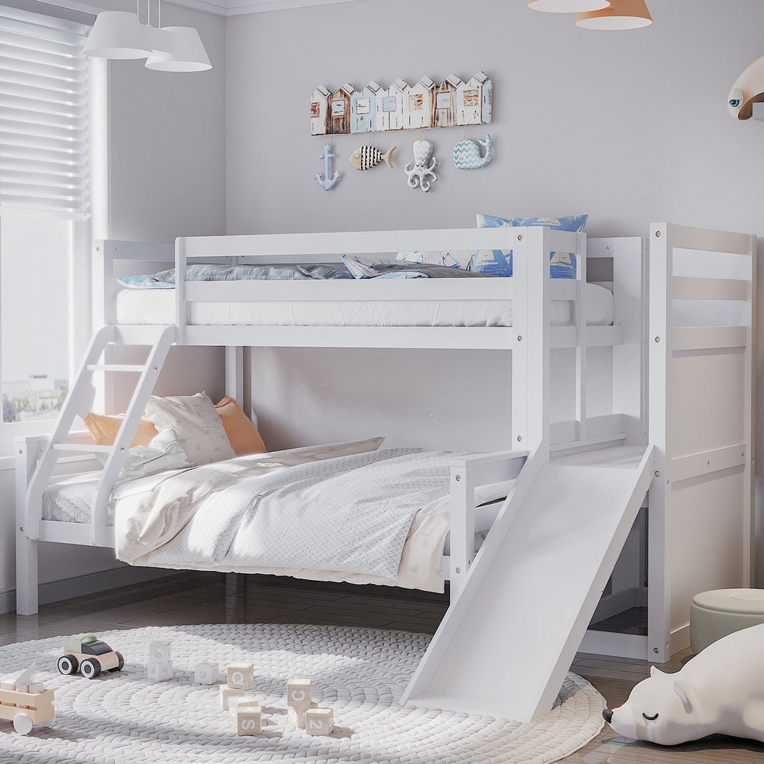 Harel Solid Pine Wood Triple Bunk Bed with Slide in White features a ladder, slide, and nautical-themed decor, creating a playful, airy children’s room setting with visible safety rails and bedding.