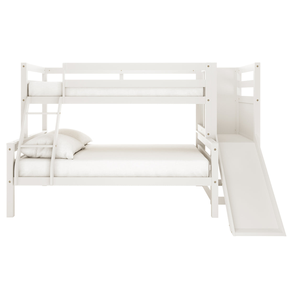 Harel Solid Pine Wood Triple Bunk Bed with Slide in White features twin over full bunks, a left ladder, right slide, guardrails for safety, and simple white mattresses.