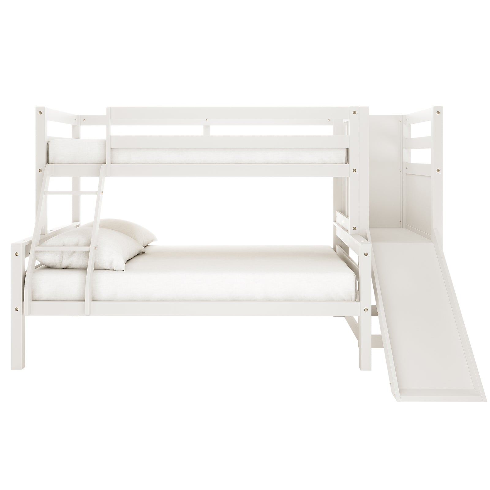 Harel Solid Pine Wood Triple Bunk Bed with Slide in White features twin over full bunks, a left ladder, right slide, guardrails for safety, and simple white mattresses.