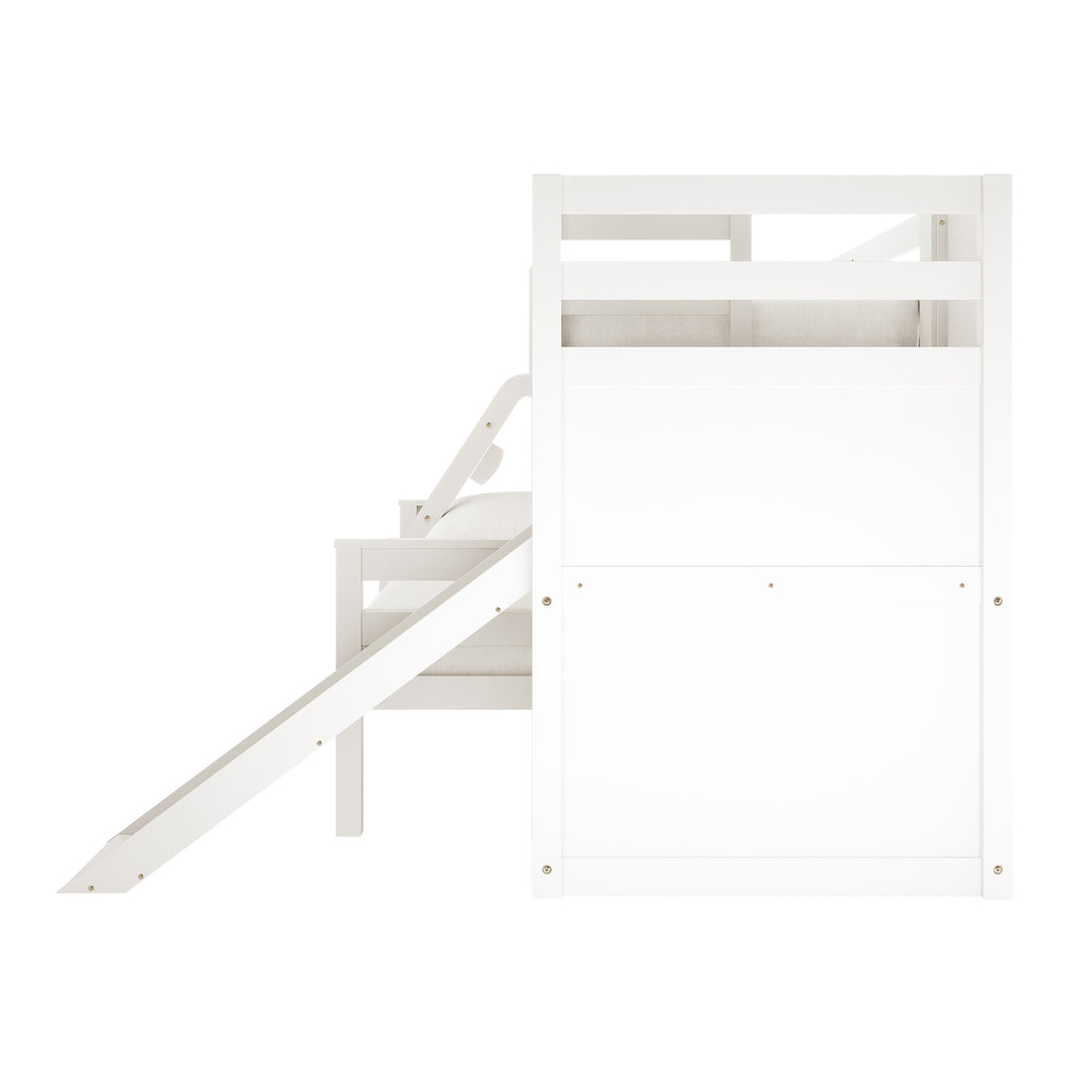 Harel Solid Pine Wood Triple Bunk Bed with Slide in White, featuring a loft-style design with guardrails, ladder, and slide, plus a play area underneath, ideal for adventurous children's rooms.