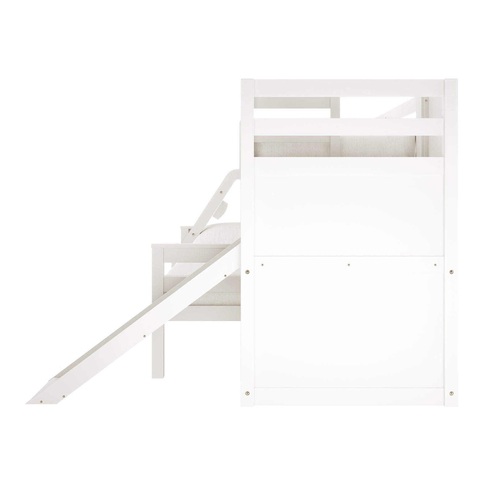 Harel Solid Pine Wood Triple Bunk Bed with Slide in White, featuring a loft-style design with guardrails, ladder, and slide, plus a play area underneath, ideal for adventurous children's rooms.