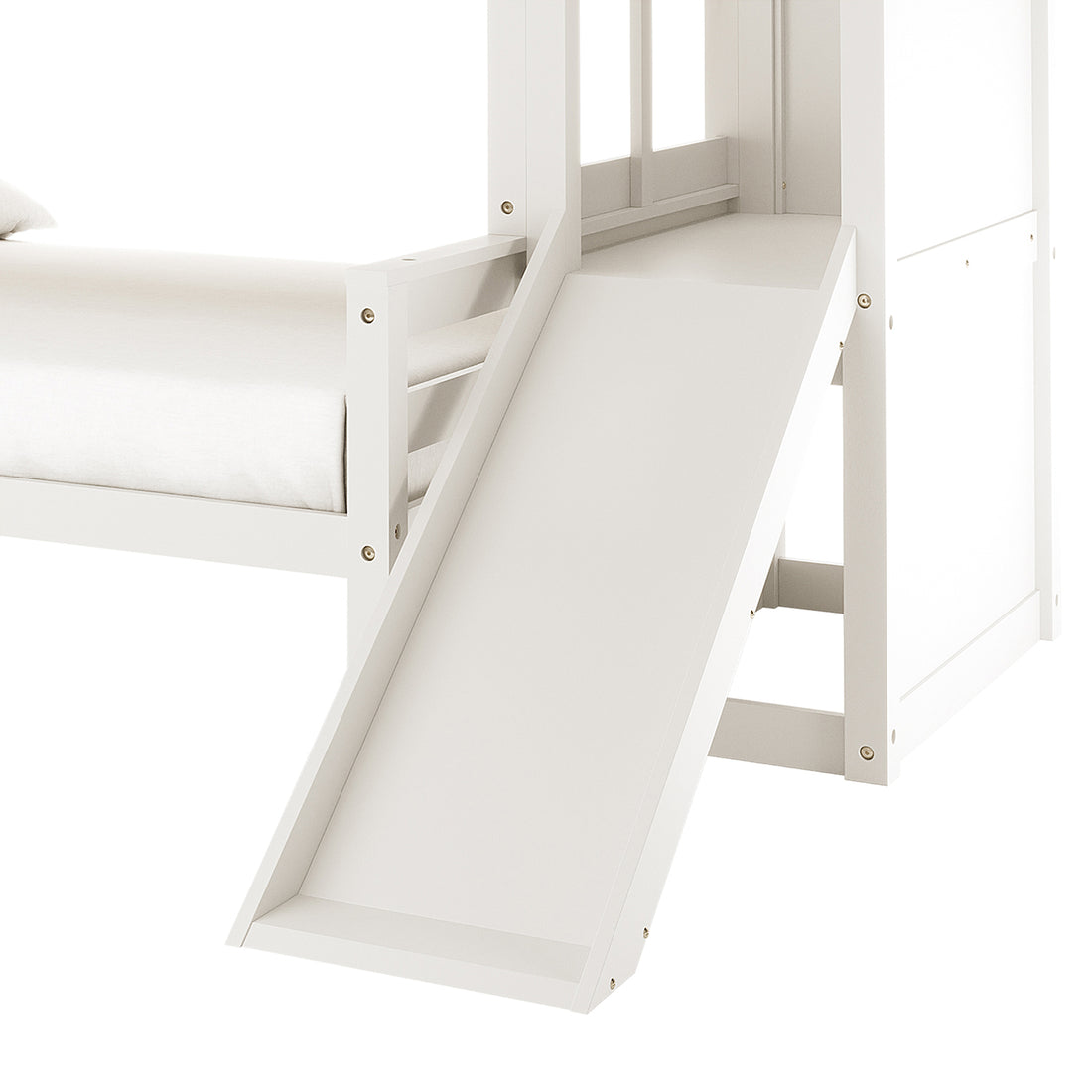 Harel Solid Pine Wood Triple Bunk Bed with Slide in White features a white wooden frame, visible guard rails, a mattress, and a smooth slide descending from the upper bunk, showcasing its playful design.