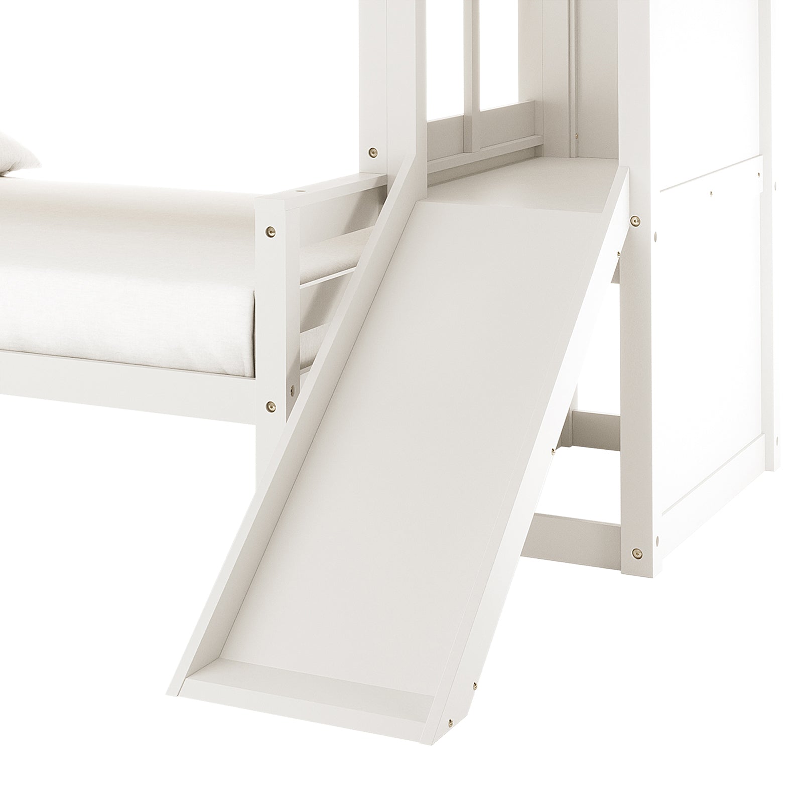 Harel Solid Pine Wood Triple Bunk Bed with Slide in White features a white wooden frame, visible guard rails, a mattress, and a smooth slide descending from the upper bunk, showcasing its playful design.