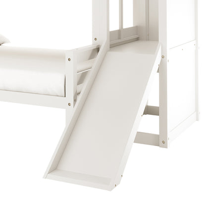 Harel Solid Pine Wood Triple Bunk Bed with Slide in White features a white wooden frame, visible guard rails, a mattress, and a smooth slide descending from the upper bunk, showcasing its playful design.