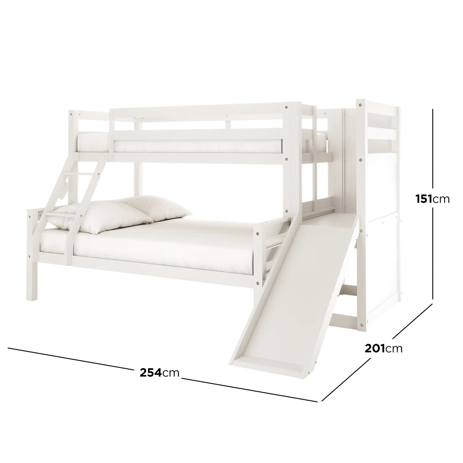 Harel Solid Pine Wood Triple Bunk Bed with Slide in White features a two-tiered design with a full-size lower bed, single upper bed with guardrails, angled ladder, and slide. Dimensions: 254x201x151 cm.